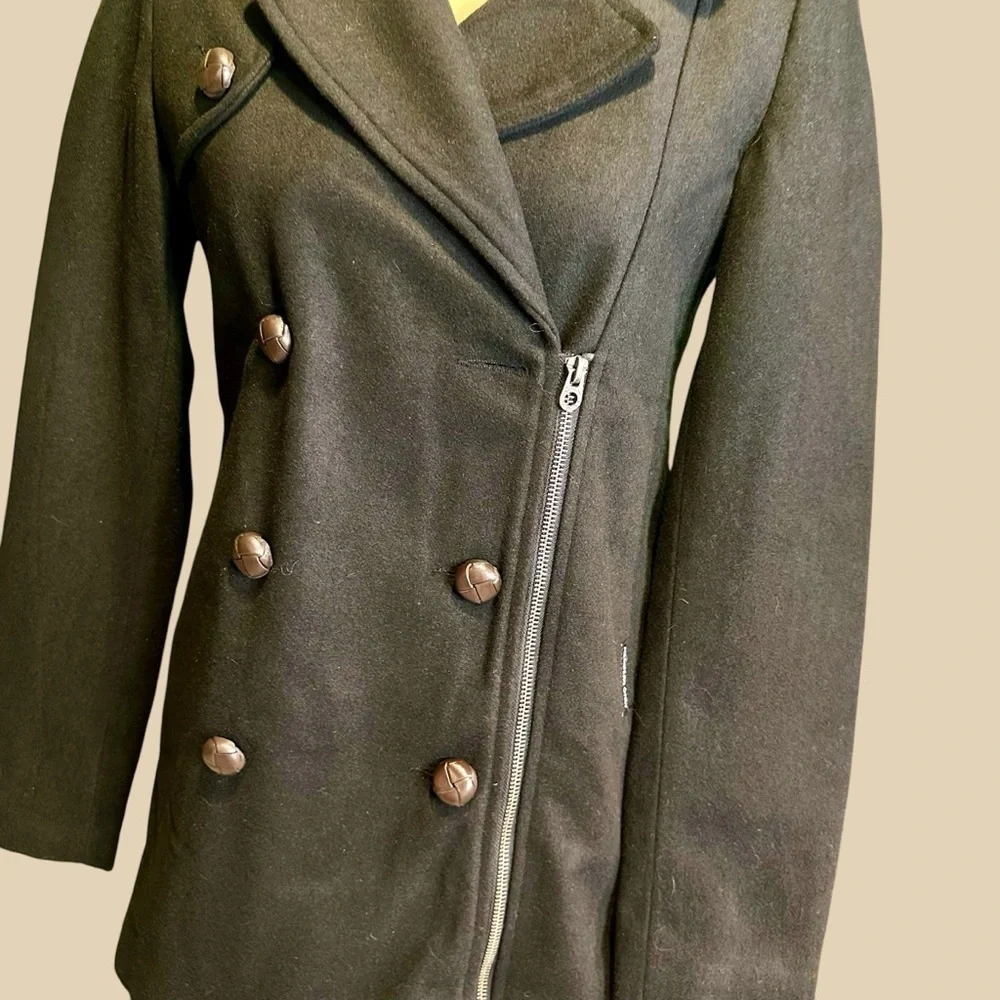 NWT Members Only Fur Collar Black Wool-Blend Double-Breasted Pea Coat Sz Small